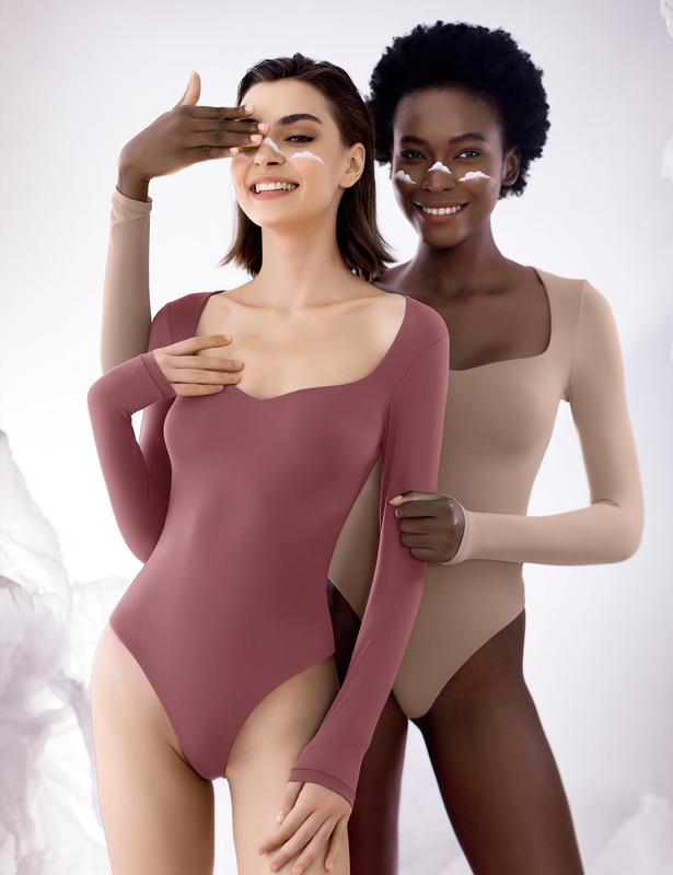 [PUMIEY] Women's Sweetheart Neck Long Sleeve Sexy Cute Elegant Comfortable Fabric Slimming Bodysuit